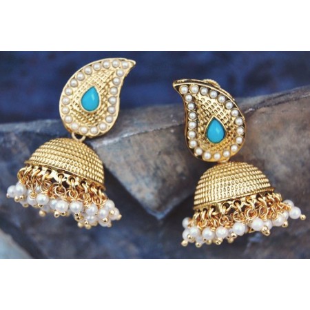 Turquoise Gold Jhumka Earrings with Pearls